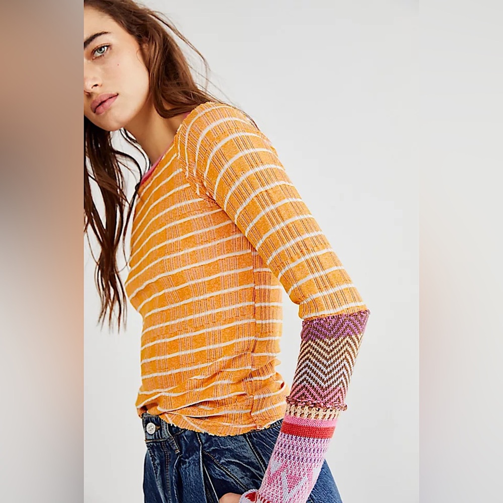 We The Free Orange Striped Long Sleeve Top with Multicolor Knit Cuffs